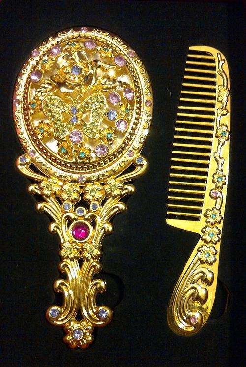 ANTIQUE GOLD MIRROR AND COMB BUTTERFLY SET WITH SIMULATED GEMSTONES