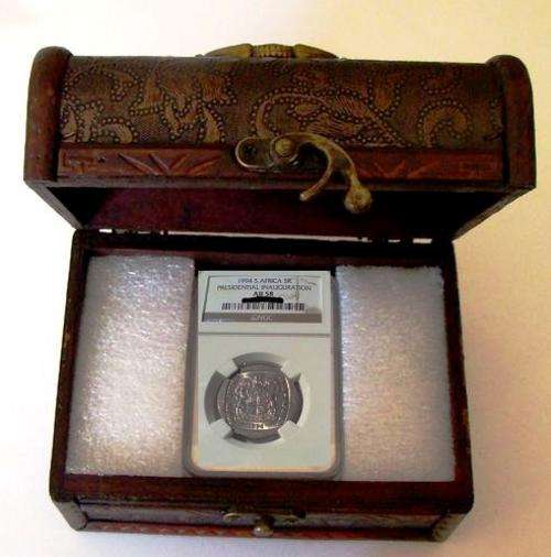 LATE ENTRY!!! AU58 NGC GRADED MANDELA INAUGURATION COIN IN WOODEN CHEST