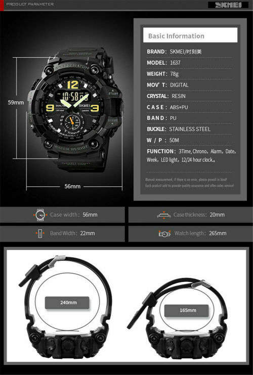 SKMEI 1637 Digital Men Watch Shockproof Wristwatch Fashion Sport Alarm Male Watches