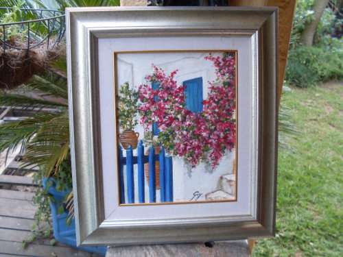 RATHER LOVELY FRAMED ACRYLIC PAINTING BY GUY OF A BLUE FENCE & DOOR STUNNING CRIMSON BOUGHAANVILLEA