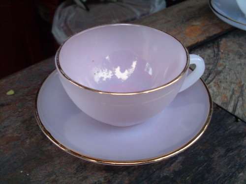 OFFER MJNICHOLLS 1960'S ARCOPAL FRANCE LUSTRE WARE OPALESCENT  PINK PASTEL TEA/COFFEE  DUO GORGEOUS!