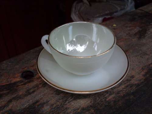 OFFER MJNICHOLLS 1960'S ARCOPAL FRANCE LUSTRE WARE OPALESCENT GREEN PASTEL TEA/COFFEE  DUO GORGEOUS!