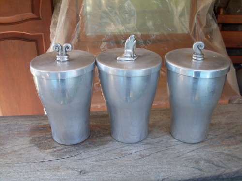 WOW! AND THEN WOW!  A SET OF THREE DIFFERING CaRRol BoYeS LARGE ALUMINIUM CANISTERS WITH LIDS MAN ++