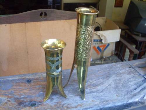 TWO TRENCH ART CASING?? VASES, HAMMERED DESIGN THICK BRASS USE AS CANDLE HOLDERS AS WELL?