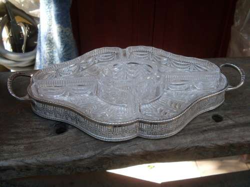 ABSOLUTELY STUNNING VINERS OF SHEFFIELD ENGLAND GALLERY TRAY WITH CRYSTAL SERVING DISHES EXCEPTIONAL