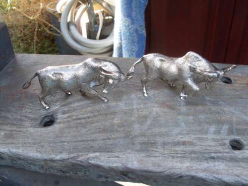 STUNNING PAIR OF TWO DIFFERENT REGAL A1 SILVER PLATE ON C (COPPER??) ORAMENTAL BUFFALO