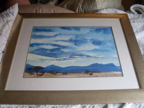 STUNNING LARGE FRAMED WATERCOLOUR LANDSCAPE / MOUNTAINSCAPE BLUE BROWN TONES ARTIST ......
