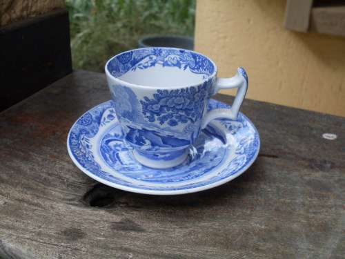 VINTAGE COPELAND SPODE "ITALIAN" (BLUE & WHITE) COFFEE CUP & SAUCER OLDER MARK VERSO