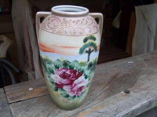 NO MARKINGS BUT ASSUMED ORIENTAL CERAMIC HAND PAINTED 24.5CM  ROSE FLORAL VASE