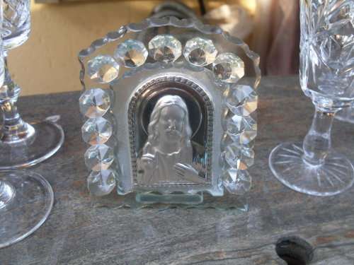 THINK IT MAYBE SILVER ITALIAN?? JESUS CHRIST ICON IMAGE ON A GLASS STAND WITH SURROUNDING CRYSTALS