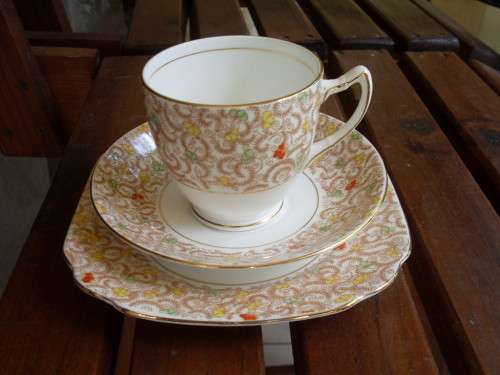 VINTAGE PARTIALLY HAND PAINTED BELL FINE BONE CHINA ENGLAND TEA TRIO WITH BANDED BUSY DECOR + GILT