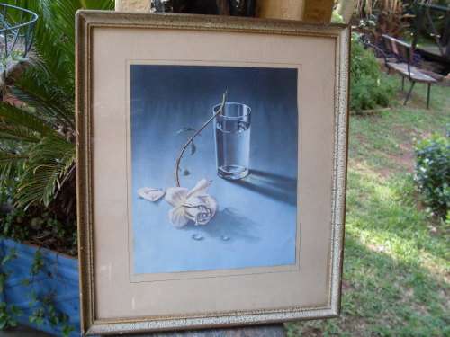 VINTAGE?? FRAMED TRETCHIKOFF PRINT GLASS & ROSE "THE WEEPING ROSE"