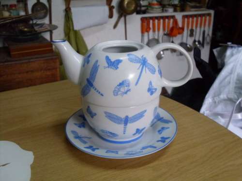 WIESENTHAL GERMANY TEA FOR ONE (TEAPOT PLUS LARGE CUP) BLUE & WHITE BUTTERFLIES (NO LID!!)S