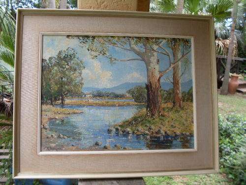 BEAUTIFUL FRAMED OIL ON BOARD OF LANDSCAPE, COTTAGE SCENE, RIVER, GUM TREES, SPECTACULAR!