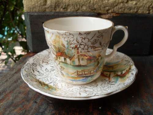 VINTAGE HANLEY WARRANTED 22KT GOLD TEA DUO WITH COUNTRY COTTAGE, FLORAL GOLD, BRIDGE  ETC WOW