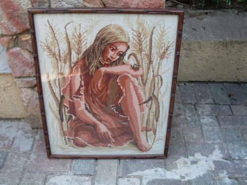 INTERESTING BAMBOO LOOK FRAMED TAPESTRY OF A YOUNG GIRL INSECT & WHEAT