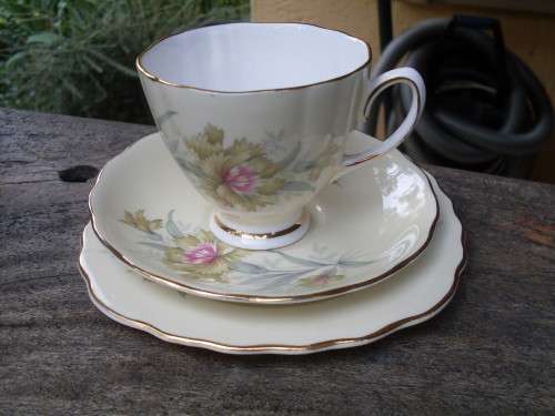 BEAUTIFUL COLCLOUGH BONE CHINA RIDGWAY POTTERIES TEA TRIO GILT + CARNATION??? PALE YELLOW