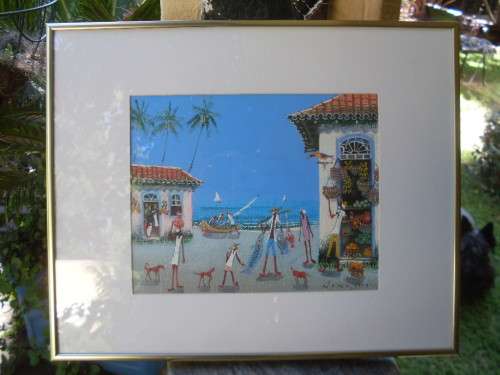 FRAMED ORIGINAL BRAZILIAN (NAIVE??) ARTIST,  ISLAND OF BAHIA SCENE, FISH, BIRDS DOGS ETC.
