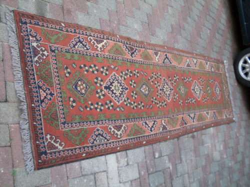 HAND KNOTTED ORIENTAL/PERSIAN AFGHAN RUNNER. GEOMETRIC PATTERN, UNUSUAL PALETTE OF COLOURS