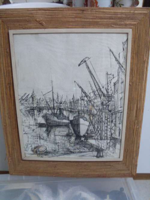 WELL KNOWN SA ARTIST ARTHUR EDWARD CANTRELL 1917-1998 MIXED MEDIA TITLED SIGNED HARBOUR OF LONDON