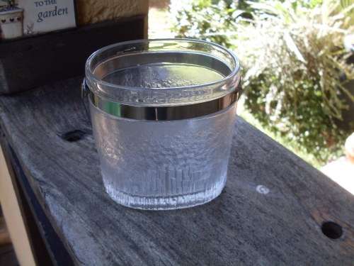 VERY NICE RETRO???? GLASS WITH METAL HANDLE ICE BUCKET WITH GLACIER LIKE TEXTURE NICE!!!!