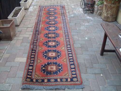 VERY NICE AFGHAN KAZAK ORIENTAL CARPET RUNNER GEOMETRIC EARTH TONES RUST & BLUE ETC