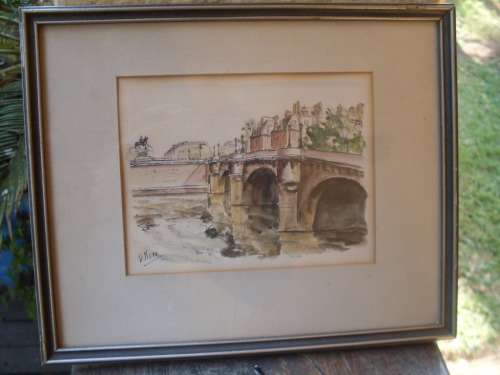 VERY NICELY DEPICTED WATERCOLOUR OF EUROPEAN ARCHITECTURE BRIDGE SCENE FRAMED SIGNED BY D KERR
