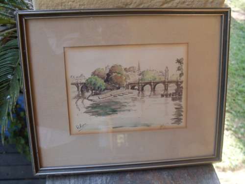 2ND VERY NICELY DEPICTED WATERCOLOUR OF EUROPEAN ARCHITECTURE BRIDGE SCENE FRAMED SIGNED BY D KERR