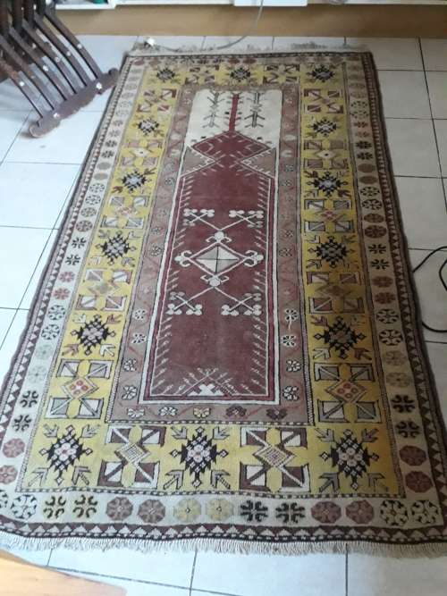TURKISH MILAS ORIENTAL HAND KNOTTED GEOMETRIC FLORAL ROSETTE  PRAYER RUG CARPET UNUSUAL TONE 192x107