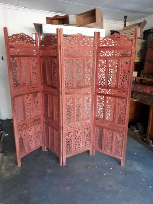 PROBABLY CONTEMPORARY LOVELY WOOD CARVED LEAF ++ 4 PANEL HINGED SCREEN / ROOM DIVIDER