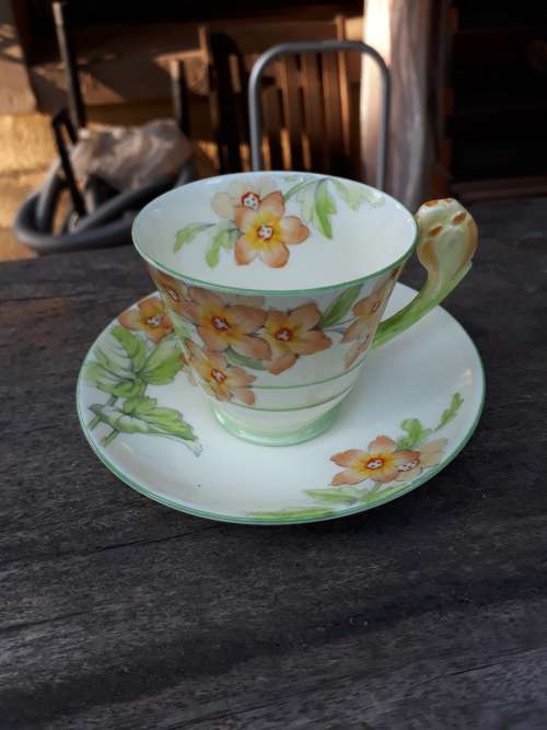 WOW! EXCEPTIONAL ROYAL PARAGON DEMI TASSE (COFFEE) DUO WITH FLORAL DECOR & FLORAL SHAPED HANDLE