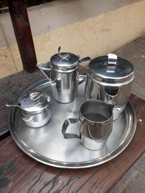 TOTALLY AWESOME & GROOVY VINTAGE RETRO ALOE STAINLESS STEEL TEA SERVICE + TRAY