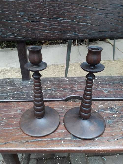 A BEAUTIFUL TURN OF THE CENTURY?? PAIR OF TURNED WOOD (BOBBIN LIKE) CANDLE HOLDERS. GORGEOUS