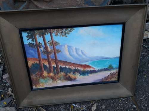 VINTAGE 1926 FRAMED OIL?? ON BOARD SIGNED M MATHIESON DEPICTING SEA, MOUNTAIN LANDSCAPE