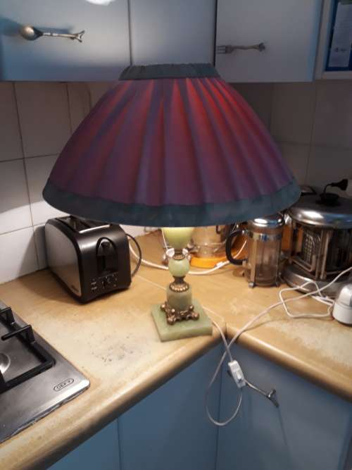 HAS A GREAT LOOK OF GREEN ONYX (HAD ME!) VINTAGE LAMP BASE WITH BRASS DETAIL & DATED LAMP SHADE