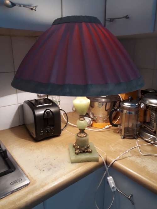 HAS A GREAT LOOK OF GREEN ONYX (HAD ME!) VINTAGE LAMP BASE WITH BRASS DETAIL & DATED LAMP SHADE