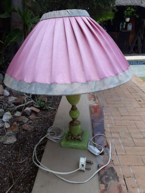 HAS A GREAT LOOK OF GREEN ONYX (HAD ME!) VINTAGE LAMP BASE WITH BRASS DETAIL & DATED LAMP SHADE