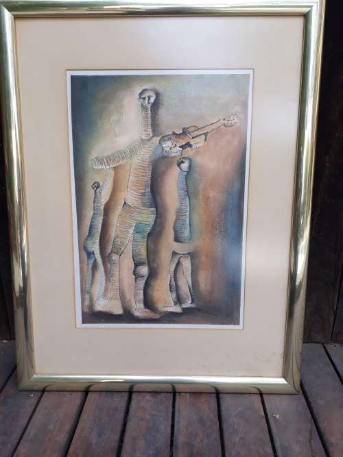 REDUCED!! EXCEPTIONAL, FRAMED ABSTRACT MEN 1 WITH VIOLIN BY  L MNCUBE MIXED MEDIA GREAT TONES!