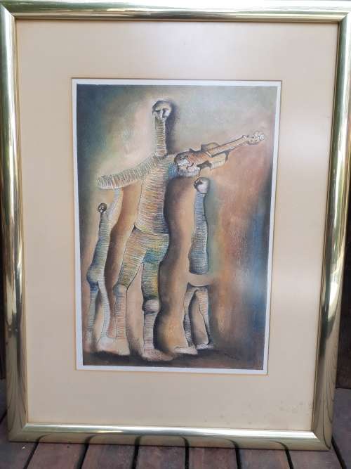 REDUCED!! EXCEPTIONAL, FRAMED ABSTRACT MEN 1 WITH VIOLIN BY  L MNCUBE MIXED MEDIA GREAT TONES!