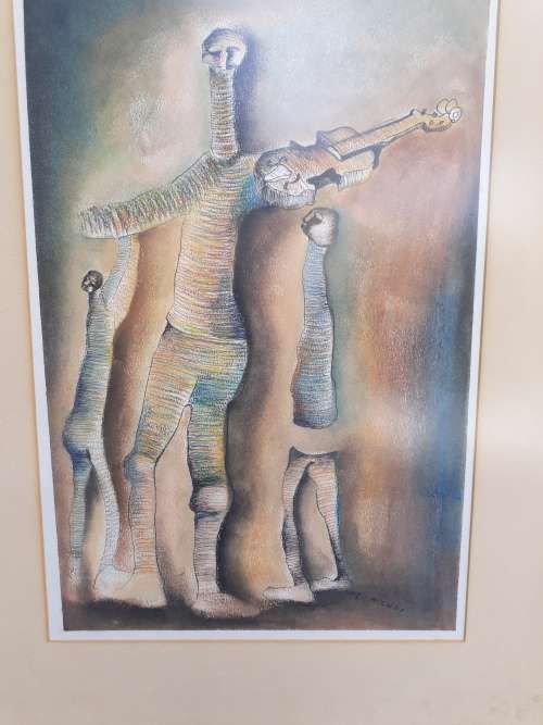 REDUCED!! EXCEPTIONAL, FRAMED ABSTRACT MEN 1 WITH VIOLIN BY  L MNCUBE MIXED MEDIA GREAT TONES!