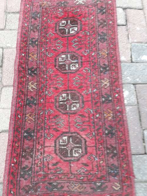 VERY NICE HAND KNOTTED SMALL AFGHAN BOKHARA RUG LOVE THE WOVEN BLUE THROUGH IT