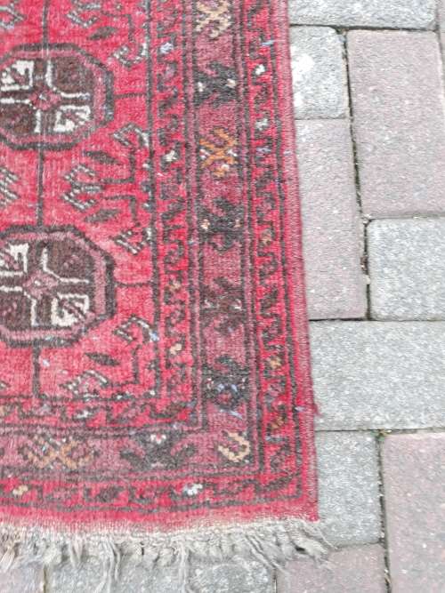 VERY NICE HAND KNOTTED SMALL AFGHAN BOKHARA RUG LOVE THE WOVEN BLUE THROUGH IT