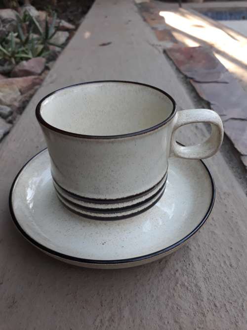 VINTAGE DENBY ENGLAND STONEWARE CUP & SAUCER BROWN TRIM, CREAM SPECKLED . GORGEOUS!