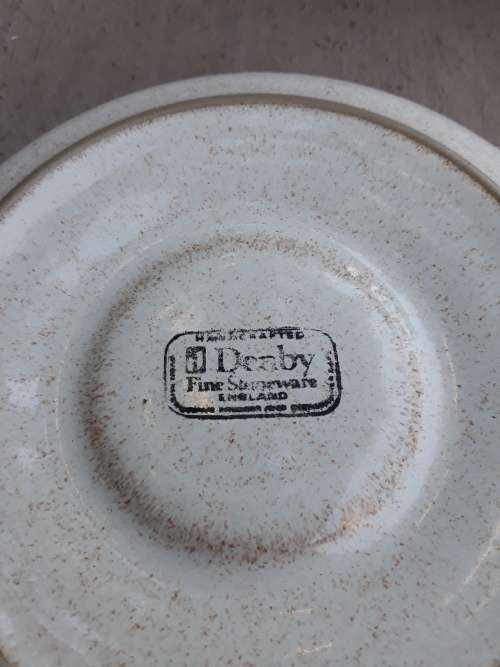 VINTAGE DENBY ENGLAND STONEWARE CUP & SAUCER BROWN TRIM, CREAM SPECKLED . GORGEOUS!