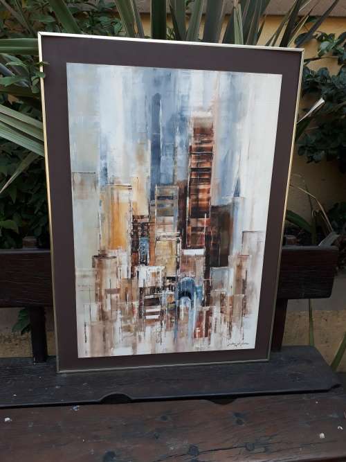 ORIGINAL SIGNED & FRAMED VINTAGE ABSTRACT CITY SCAPE OIL ON BOARD BY SA + OZZIE ARTIST J D FISHER