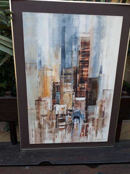ORIGINAL SIGNED & FRAMED VINTAGE ABSTRACT CITY SCAPE OIL ON BOARD BY SA + OZZIE ARTIST J D FISHER
