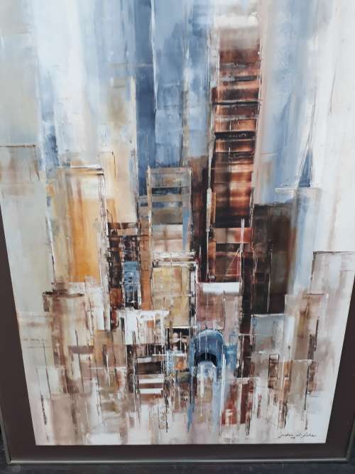 ORIGINAL SIGNED & FRAMED VINTAGE ABSTRACT CITY SCAPE OIL ON BOARD BY SA + OZZIE ARTIST J D FISHER