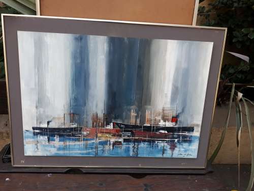 ORIGINAL SIGNED & FRAMED VINTAGE ABSTRACT HARBOUR SCENE OIL ON BOARD BY SA + OZZIE ARTIST J D FISHER