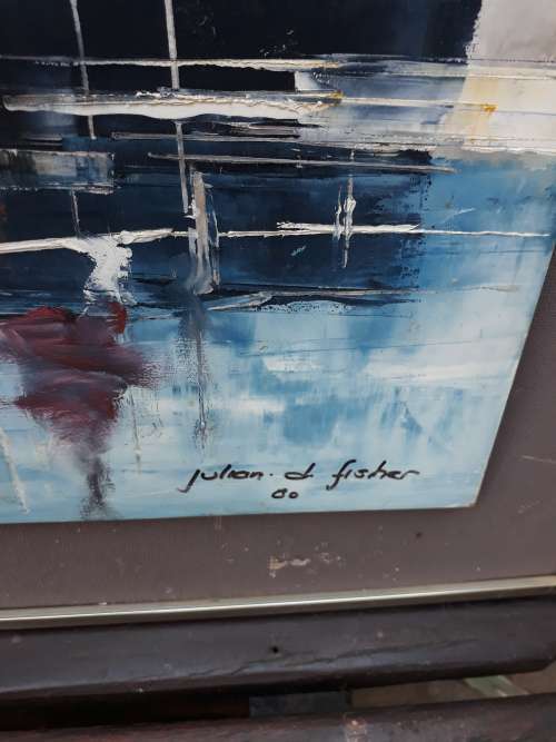 ORIGINAL SIGNED & FRAMED VINTAGE ABSTRACT HARBOUR SCENE OIL ON BOARD BY SA + OZZIE ARTIST J D FISHER