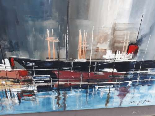 ORIGINAL SIGNED & FRAMED VINTAGE ABSTRACT HARBOUR SCENE OIL ON BOARD BY SA + OZZIE ARTIST J D FISHER